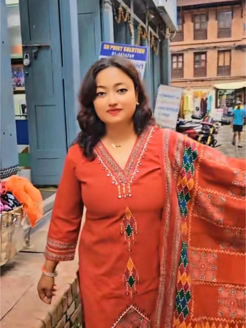 Geometric Embroidered Kurta in Orange